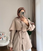 Pelerin Detaylı Ara Boy Trenç Bej