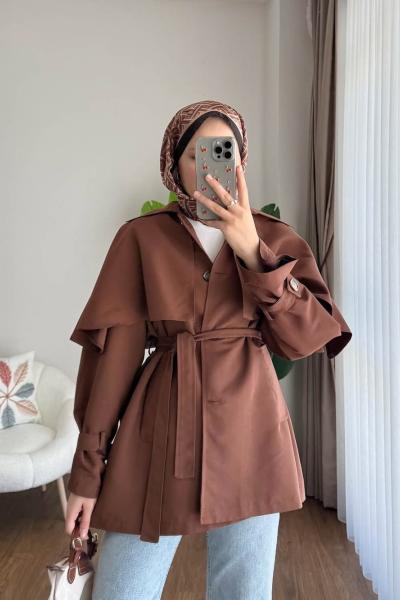 Pelerin Detaylı Ara Boy Trenç