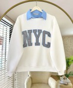 NYC Nakışlı Yakalı Üç İplik Sweatshirt Ekru