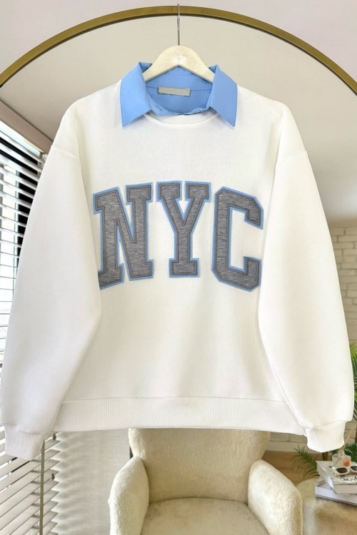 NYC Nakışlı Yakalı Üç İplik Sweatshirt Ekru