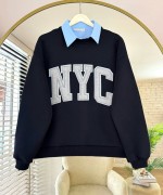 NYC Nakışlı Yakalı Üç İplik Sweatshirt Lacivert