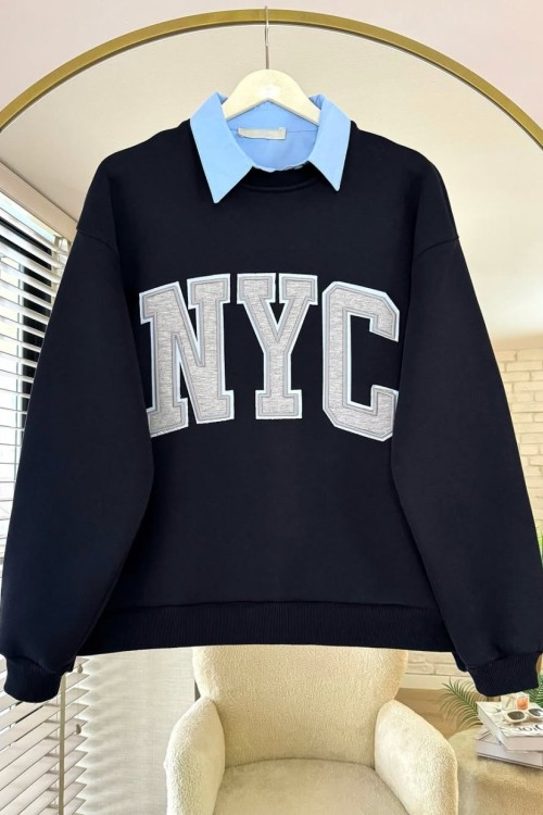 NYC Nakışlı Yakalı Üç İplik Sweatshirt Lacivert