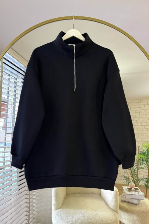 Yarım Fermuarlı Üç İplik Sweatshirt Siyah