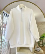 Yarım Fermuarlı Üç İplik Sweatshirt Beyaz