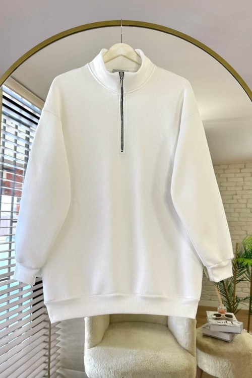 Yarım Fermuarlı Üç İplik Sweatshirt Beyaz