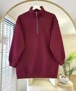 Yarım Fermuarlı Üç İplik Sweatshirt Bordo