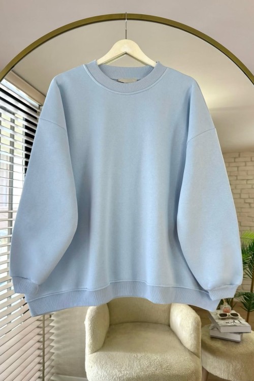 Bisiklet Yaka Oversize Sweatshirt Mavi