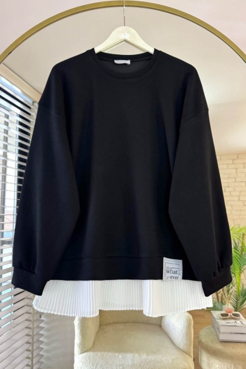 Eteği Piliseli Oversize Tunik Siyah