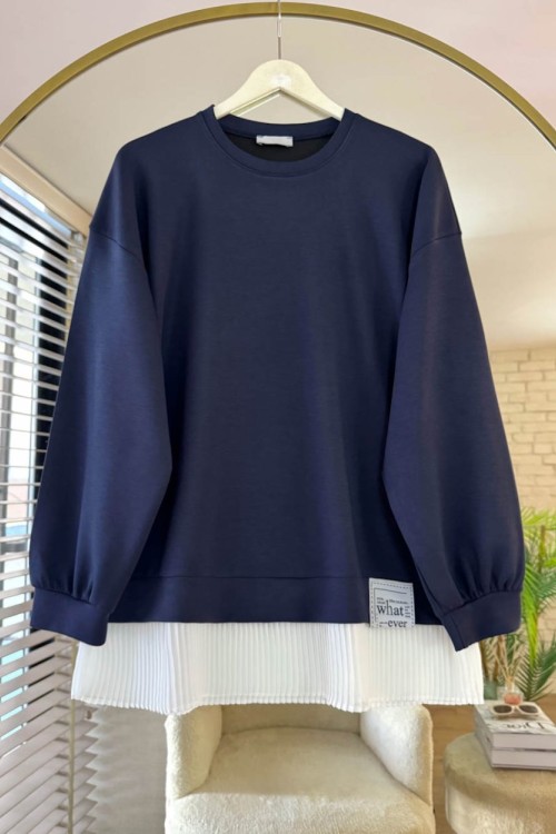 Eteği Piliseli Oversize Tunik Lacivert