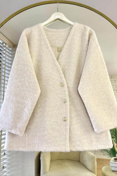 Asimetrik Düğmeli Kaşe Ceket