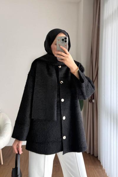 Atkılı Tüylü Kaşe Ceket Siyah