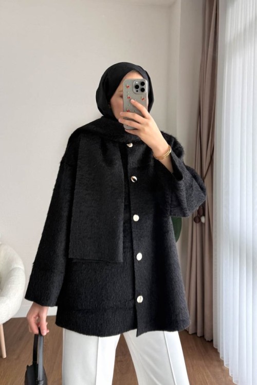 Atkılı Tüylü Kaşe Ceket Siyah