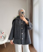 Atkılı Tüylü Kaşe Ceket Füme