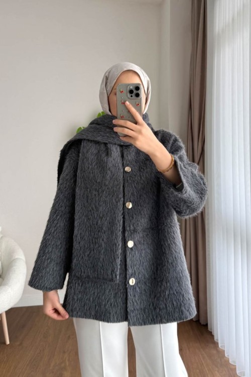 Atkılı Tüylü Kaşe Ceket Füme