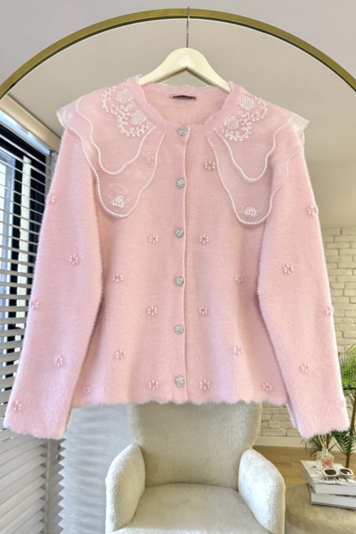 Dantel Yaka Angora Hırka Pembe
