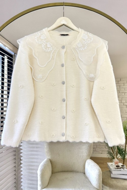 Dantel Yaka Angora Hırka Ekru