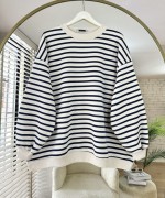 Çizgili Oversize Sweatshirt Siyah