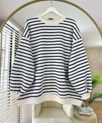 Çizgili Oversize Sweatshirt Lacivert