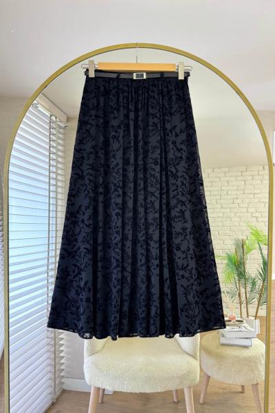 Astarlı Kabartma Baskılı Tül Etek