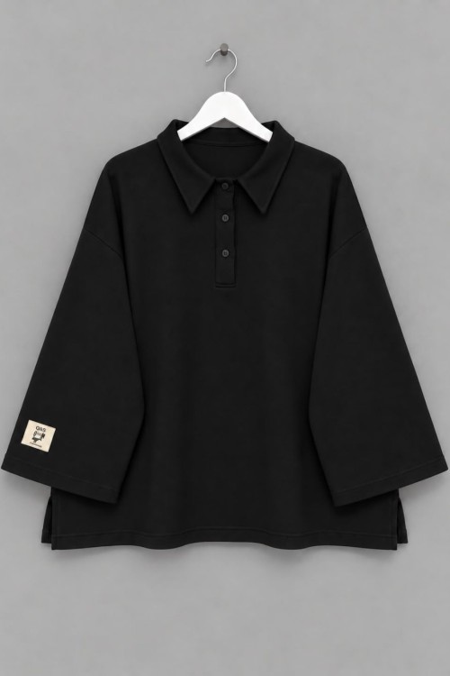 Polo Yaka Armalı Üç İplik Sweatshirt Siyah