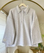 Polo Yaka Armalı Sweatshirt Gri Melanj