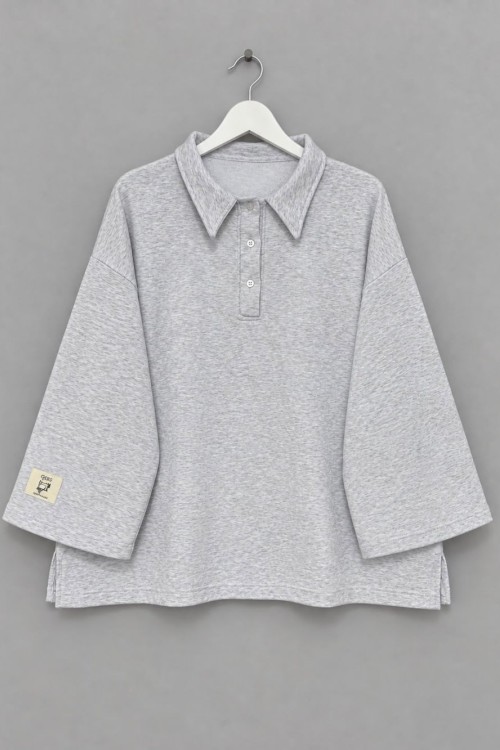 Polo Yaka Armalı Üç İplik Sweatshirt Gri Melanj