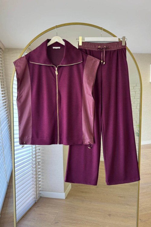 Paraşut Garnili Yelek-Pantolon Takım Bordo