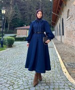 Yaka Bağcıklı Denim Takım Lacivert