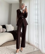 Kemerli Double Ceketli Takım Kahverengi