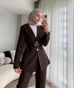 Kemerli Double Ceketli Takım Kahverengi