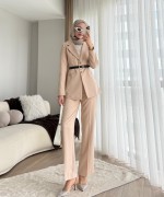 Kemerli Double Ceketli Takım Bej