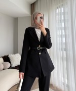 Kemerli Double Ceketli Takım Siyah