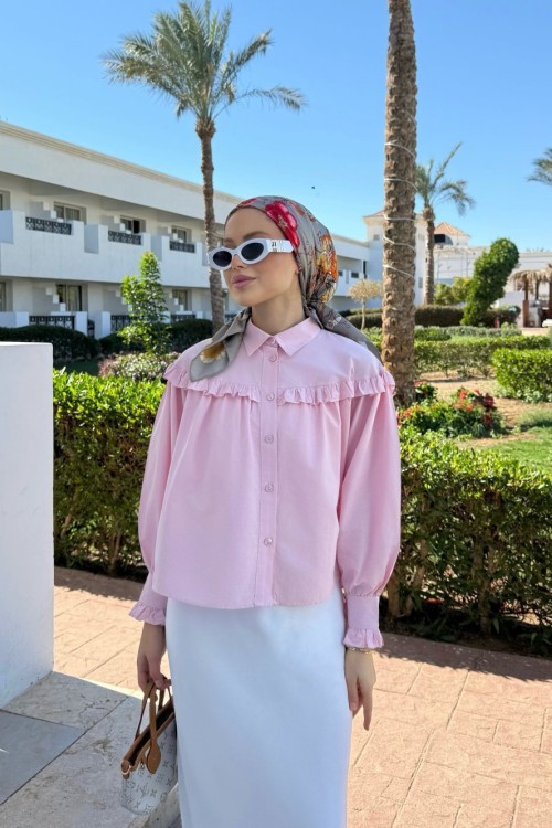 Fırfırlı Kısa Gömlek Pembe