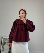 Fırfırlı Kısa Gömlek Bordo