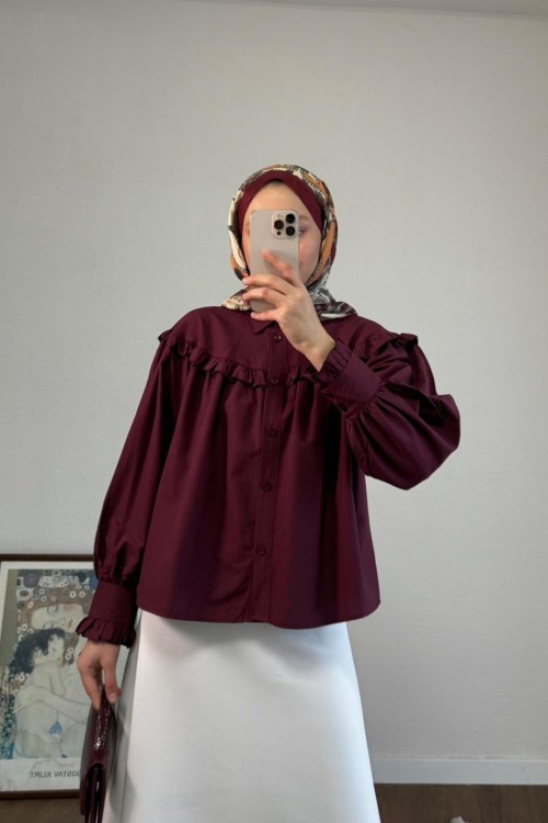 Fırfırlı Kısa Gömlek Bordo