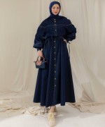 Boydan Düğmeli Denim Elbise Lacivert