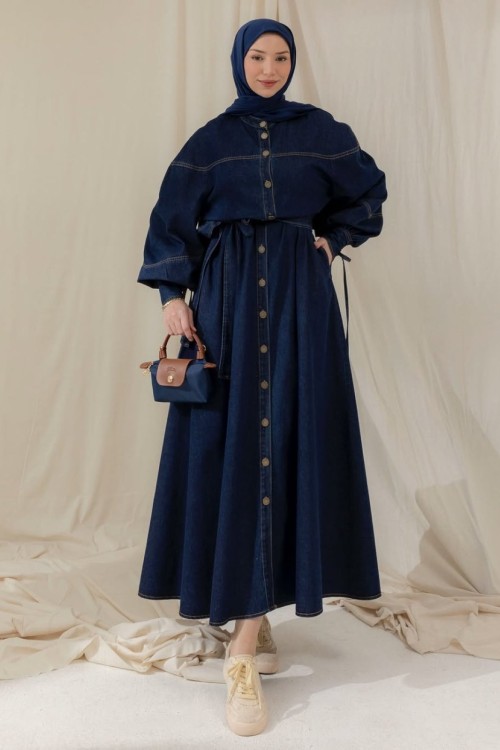 Boydan Düğmeli Denim Elbise Lacivert