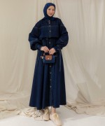 Boydan Düğmeli Denim Elbise Lacivert