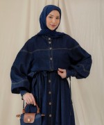 Boydan Düğmeli Denim Elbise Lacivert