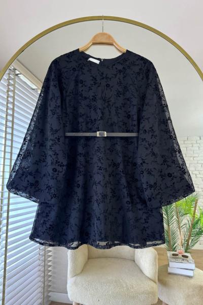 Kemerli Flok Baskılı Tunik Siyah