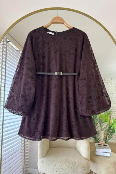 Kemerli Flok Baskılı Tunik Kahverengi