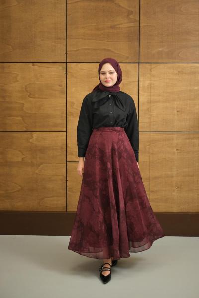 Çiçek Desenli Şifon Etek Bordo