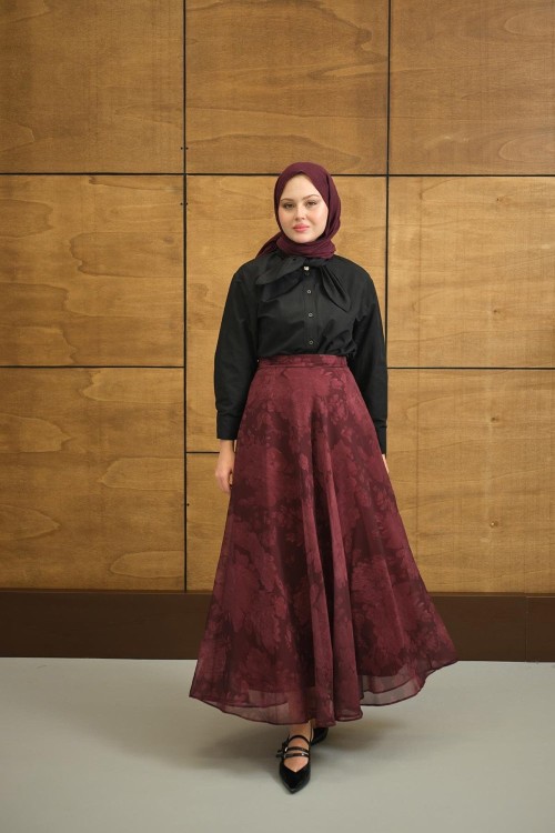 Çiçek Desenli Şifon Etek Bordo