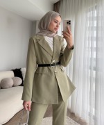 Kemerli Double Ceketli Takım Yeşil