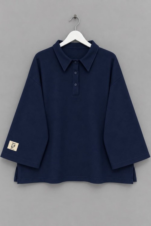 Polo Yaka Armalı Üç İplik Sweatshirt Lacivert