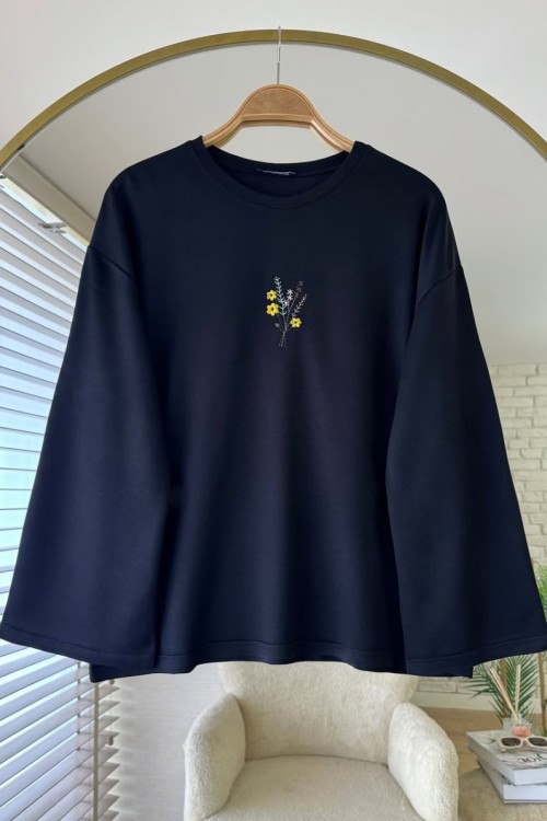 Nakışlı Salaş Sweatshirt  Siyah