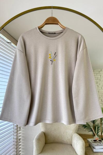 Nakışlı Salaş Sweatshirt  Bej