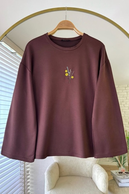 Nakışlı Salaş Sweatshirt  Kahverengi