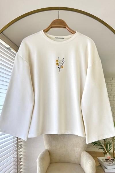 Nakışlı Salaş Sweatshirt  Ekru