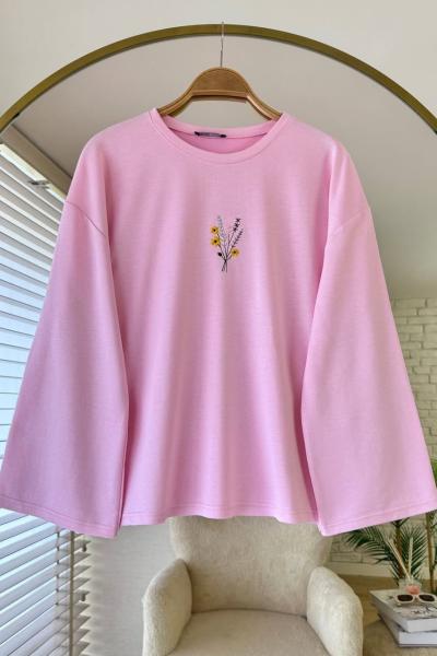 Nakışlı Salaş Sweatshirt  Pembe